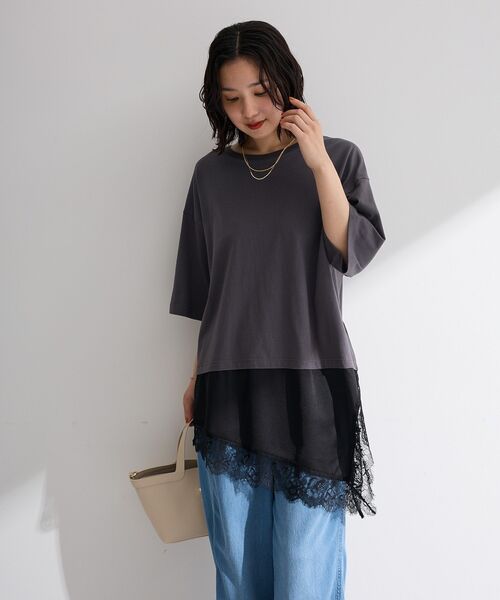 Green Parks(グリーンパークス)の「レースドッキングTシャツ(Tシャツ/カットソー・レディース・ブラック/チャコールグレー/オフホワイト・FREE)」の12枚目の写真