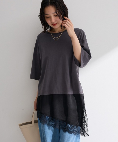 Green Parks(グリーンパークス)の「レースドッキングTシャツ(Tシャツ/カットソー・レディース・ブラック/チャコールグレー/オフホワイト・FREE)」の3枚目の写真