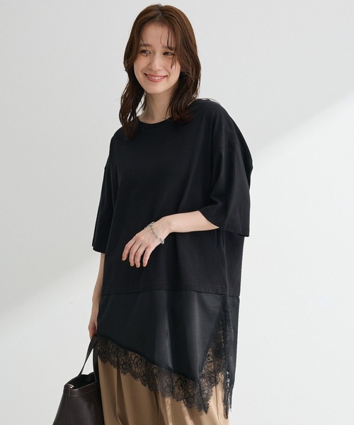 Green Parks(グリーンパークス)の「レースドッキングTシャツ(Tシャツ/カットソー・レディース・ブラック/チャコールグレー/オフホワイト・FREE)」の2枚目の写真