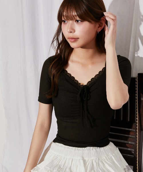 GORGE（ゴージ）の「《フロントギャザー×レースレイヤード》カットソー／Y2K／フェミニン／春夏／全3色（Tシャツ/カットソー・レディース・チャコール/ライトグレー/ブラック・F）」の4枚目の写真
