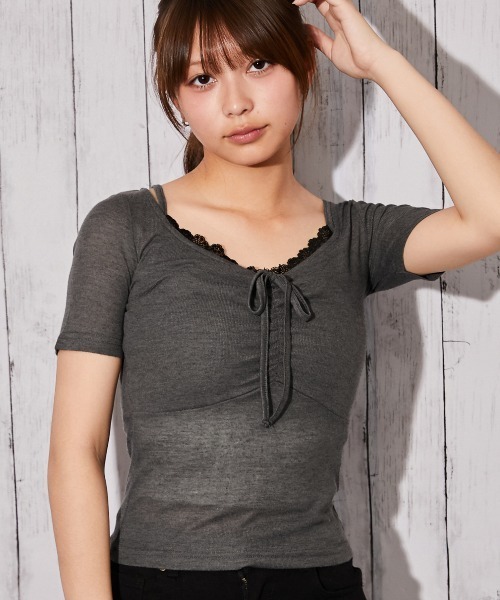 GORGE（ゴージ）の「《フロントギャザー×レースレイヤード》カットソー／Y2K／フェミニン／春夏／全3色（Tシャツ/カットソー・レディース・チャコール/ライトグレー/ブラック・F）」の7枚目の写真