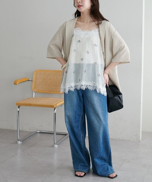 DISCOAT(ディスコート)の「【WEB限定】刺繍シアーキャミソール(キャミソール・レディース・アイボリー/ブラック/オリーブ・MEDIUM)」の9枚目の写真