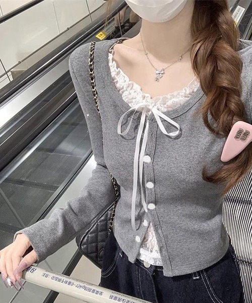 Nia(ニア)の「Nia(ニア)/レイヤード風レースリボンカットソー(Tシャツ/カットソー・レディース・グレー/ピンク/ブルー・SMALL/MEDIUM)」の2枚目の写真