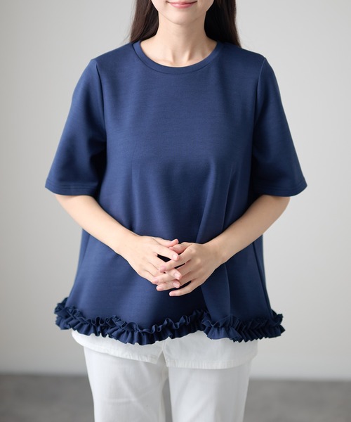 DAYRA(デイラ)の「クルーネック 半袖 裾フリル Aライン プルオーバー(Tシャツ/カットソー・レディース・ブラック/ホワイト/ダークグレー/ネイビー・FREE/S)」の4枚目の写真