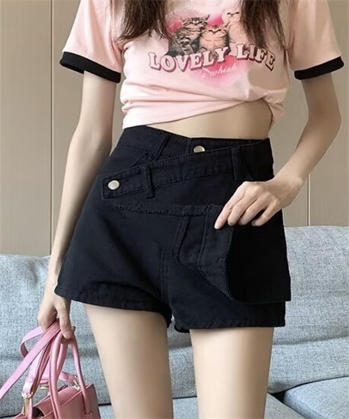 Dream garden(ドリームガーデン)の「ラップスカート風でデニムショートパンツ(デニムパンツ・レディース・ブラック・L/XL/4XL/5XL/3XL/M/S/2XL)」の3枚目の写真