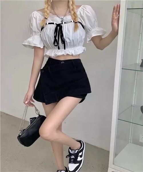 Dream garden(ドリームガーデン)の「ラップスカート風でデニムショートパンツ(デニムパンツ・レディース・ブラック・L/XL/4XL/5XL/3XL/M/S/2XL)」の12枚目の写真