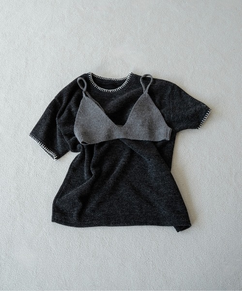 lawgy(ラウジー)の「blanket stitch short sleeve knit tops / ブランケットステッチショートスリーブニットトップス(ニット/セーター・レディース・チャコール/グレー/ブラウン/ホワイト・FREE)」の22枚目の写真