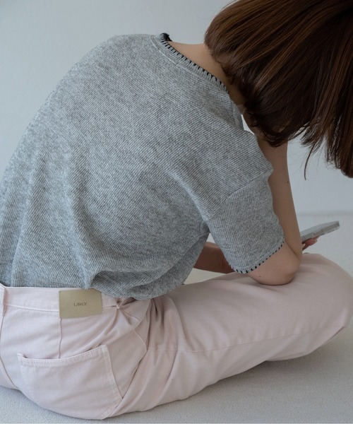 lawgy(ラウジー)の「blanket stitch short sleeve knit tops / ブランケットステッチショートスリーブニットトップス(ニット/セーター・レディース・チャコール/グレー/ブラウン/ホワイト・FREE)」の13枚目の写真