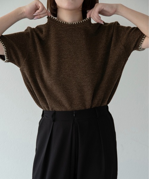 lawgy(ラウジー)の「blanket stitch short sleeve knit tops / ブランケットステッチショートスリーブニットトップス(ニット/セーター・レディース・チャコール/グレー/ブラウン/ホワイト・FREE)」の15枚目の写真
