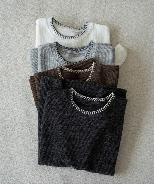 lawgy(ラウジー)の「blanket stitch short sleeve knit tops / ブランケットステッチショートスリーブニットトップス(ニット/セーター・レディース・チャコール/グレー/ブラウン/ホワイト・FREE)」の6枚目の写真