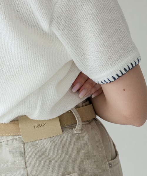 lawgy(ラウジー)の「blanket stitch short sleeve knit tops / ブランケットステッチショートスリーブニットトップス(ニット/セーター・レディース・チャコール/グレー/ブラウン/ホワイト・FREE)」の5枚目の写真