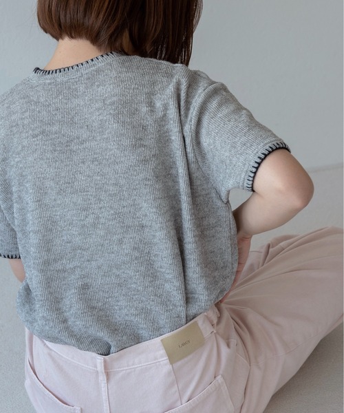 lawgy(ラウジー)の「blanket stitch short sleeve knit tops / ブランケットステッチショートスリーブニットトップス(ニット/セーター・レディース・チャコール/グレー/ブラウン/ホワイト・FREE)」の14枚目の写真