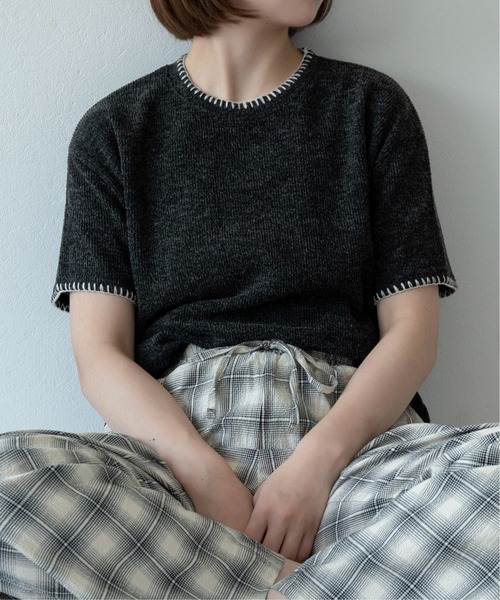 lawgy(ラウジー)の「blanket stitch short sleeve knit tops / ブランケットステッチショートスリーブニットトップス(ニット/セーター・レディース・チャコール/グレー/ブラウン/ホワイト・FREE)」の18枚目の写真