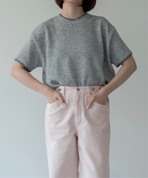 lawgy(ラウジー)の「blanket stitch short sleeve knit tops / ブランケットステッチショートスリーブニットトップス(ニット/セーター・レディース・チャコール/グレー/ブラウン/ホワイト・FREE)」の12枚目の写真