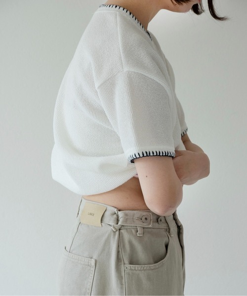lawgy(ラウジー)の「blanket stitch short sleeve knit tops / ブランケットステッチショートスリーブニットトップス(ニット/セーター・レディース・チャコール/グレー/ブラウン/ホワイト・FREE)」の9枚目の写真