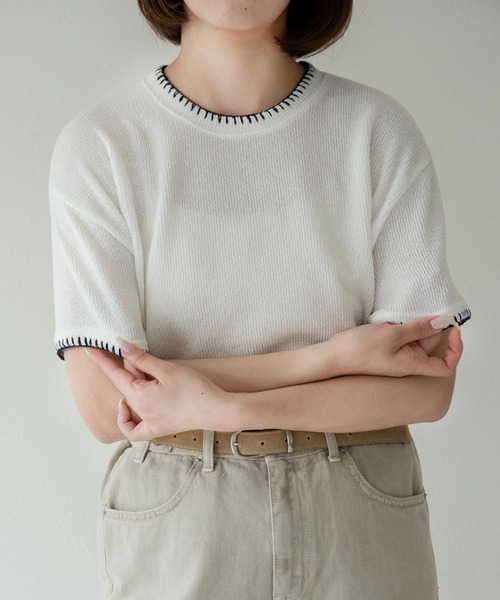lawgy(ラウジー)の「blanket stitch short sleeve knit tops / ブランケットステッチショートスリーブニットトップス(ニット/セーター・レディース・チャコール/グレー/ブラウン/ホワイト・FREE)」の7枚目の写真