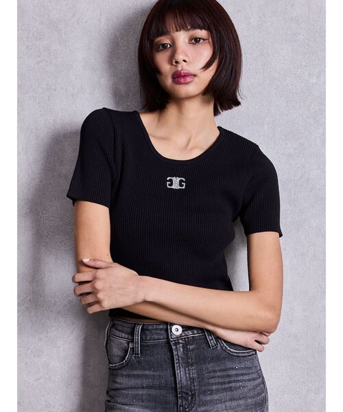 GYDA(ジェイダ)の「symmetry GYDAプレートハーフスリーブニットTOPS(Tシャツ/カットソー・レディース・その他1/ブラック/ピンク/オフホワイト・FREE)」の1枚目の写真