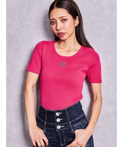GYDA(ジェイダ)の「symmetry GYDAプレートハーフスリーブニットTOPS(Tシャツ/カットソー・レディース・その他1/ブラック/ピンク/オフホワイト・FREE)」の9枚目の写真