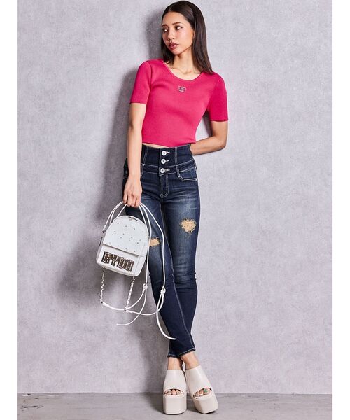 GYDA(ジェイダ)の「symmetry GYDAプレートハーフスリーブニットTOPS(Tシャツ/カットソー・レディース・その他1/ブラック/ピンク/オフホワイト・FREE)」の18枚目の写真