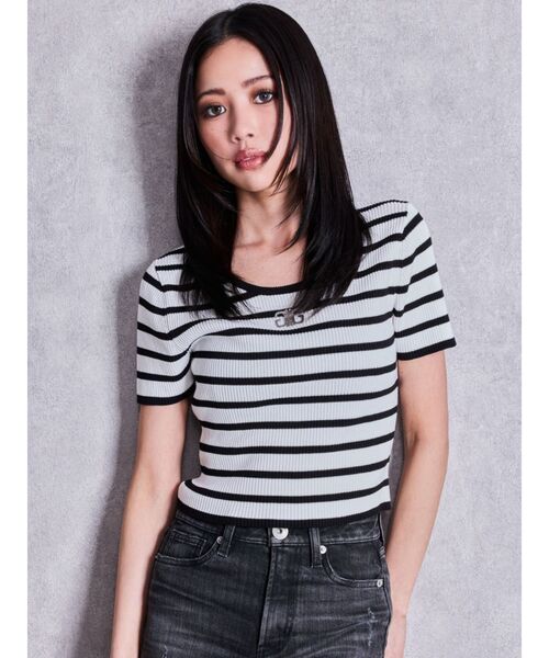 GYDA(ジェイダ)の「symmetry GYDAプレートハーフスリーブニットTOPS(Tシャツ/カットソー・レディース・その他1/ブラック/ピンク/オフホワイト・FREE)」の20枚目の写真
