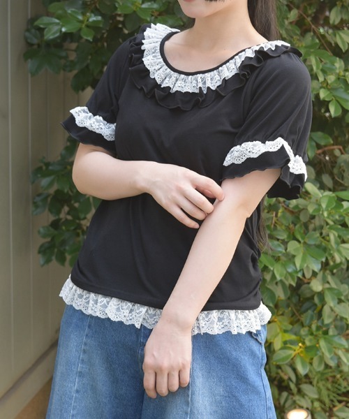 axes femme(アクシーズファム)の「フリルレースネックトップス(Tシャツ/カットソー・レディース・ミント/ブラック/ホワイト・FREE)」の4枚目の写真