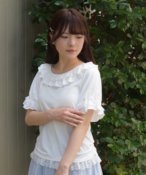 axes femme(アクシーズファム)の「フリルレースネックトップス(Tシャツ/カットソー・レディース・ミント/ブラック/ホワイト・FREE)」の7枚目の写真