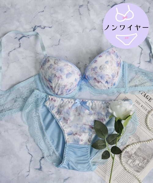 【ノンワイヤー/ラクして整う！ストレスフリーで上品なフィット感♪】上下セット/M-LL/脇高マーブルフラワー