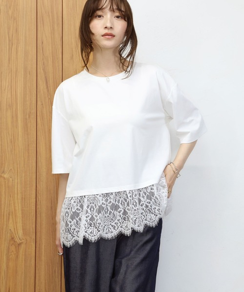 NOAHL(ノアル)の「【NOAHL】接触冷感レースドッキングTシャツ(Tシャツ/カットソー・レディース・ブラック/ホワイト/クリーム・FREE)」の1枚目の写真