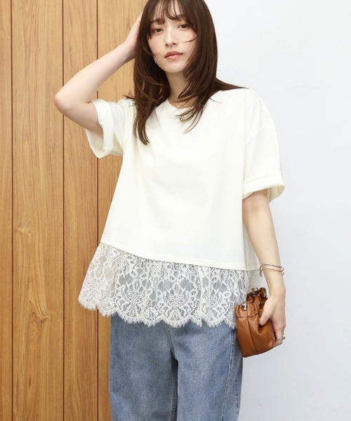 NOAHL(ノアル)の「【NOAHL】接触冷感レースドッキングTシャツ(Tシャツ/カットソー・レディース・ブラック/ホワイト/クリーム・FREE)」の3枚目の写真