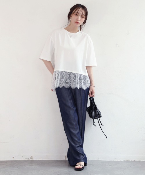 NOAHL(ノアル)の「【NOAHL】接触冷感レースドッキングTシャツ(Tシャツ/カットソー・レディース・ブラック/ホワイト/クリーム・FREE)」の7枚目の写真