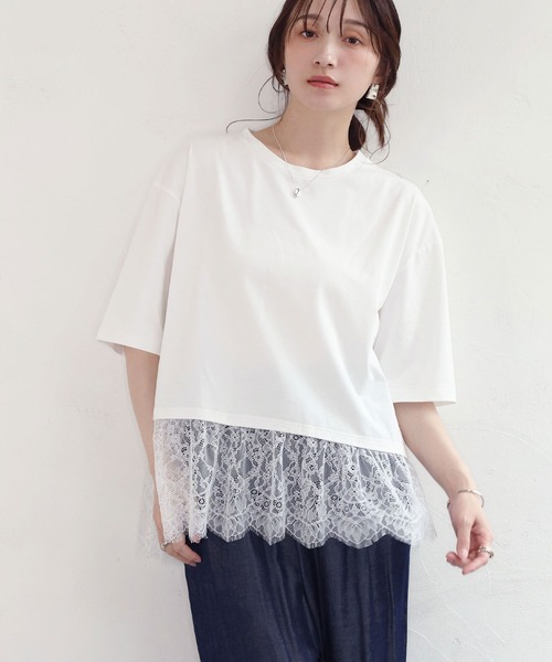 NOAHL(ノアル)の「【NOAHL】接触冷感レースドッキングTシャツ(Tシャツ/カットソー・レディース・ブラック/ホワイト/クリーム・FREE)」の4枚目の写真