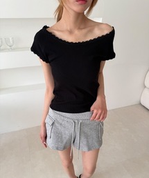 アシメ レース オフショルダー 2way クロップド 半袖 Tシャツ