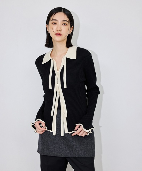 ADAM ET ROPE'(アダムエロペ)の「バイカラーポロニットカーディガン(カーディガン/ボレロ・レディース・ブラック系その他/マスタード/サックスブルー・FREE)」の1枚目の写真
