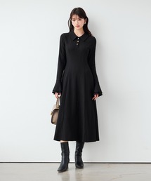 【新作登場】 ワンピース レディース 長袖 ログワンピース フクレジャガード ポロ襟 襟付き Aライン フレア袖 メロウ袖 ストレッチ 細見え きれいめ フェミニン 上品 大