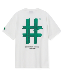 BEENTRILL（ビントリル）の「グリーンテーピングハッシュタグオーバーサイズ半袖Tシャツ（オフホワイト）（Tシャツ/カットソー）」