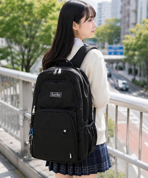 EASTBOY(イーストボーイ)の「【EASTBOY】カラビナ付リュック スクールバッグ 通学 鞄 バックパック(バックパック/リュック・レディース・ピンク/ブラック・FREE)」の1枚目の写真