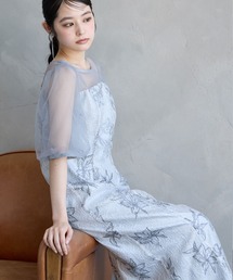 チュールバルーンスリーブメロンチュールフラワー刺繍タイトパーティードレス 結婚式 お呼ばれ ドレス 20代 30代 40代