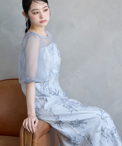 AIMER(エメ)の「チュールバルーンスリーブメロンチュールフラワー刺繍タイトパーティードレス 結婚式 お呼ばれ ドレス 20代 30代 40代(ドレス・レディース・ライトグレー/ブラック/グリーン系・LARGE/MEDIUM/SMALL/X-LARGE)」の3枚目の写真