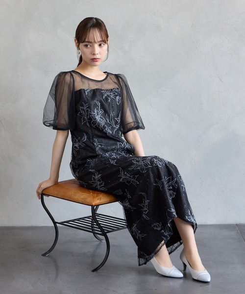 AIMER(エメ)の「チュールバルーンスリーブメロンチュールフラワー刺繍タイトパーティードレス 結婚式 お呼ばれ ドレス 20代 30代 40代(ドレス・レディース・ライトグレー/ブラック/グリーン系・LARGE/MEDIUM/SMALL/X-LARGE)」の9枚目の写真