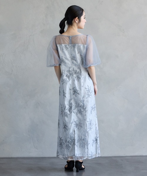 AIMER(エメ)の「チュールバルーンスリーブメロンチュールフラワー刺繍タイトパーティードレス 結婚式 お呼ばれ ドレス 20代 30代 40代(ドレス・レディース・ライトグレー/ブラック/グリーン系・LARGE/MEDIUM/SMALL/X-LARGE)」の4枚目の写真