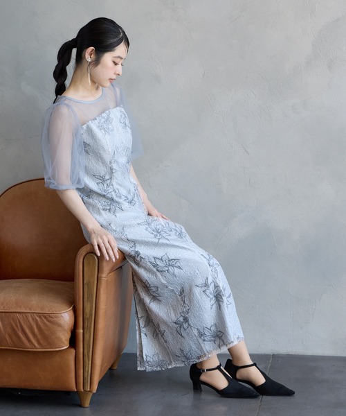 AIMER(エメ)の「チュールバルーンスリーブメロンチュールフラワー刺繍タイトパーティードレス 結婚式 お呼ばれ ドレス 20代 30代 40代(ドレス・レディース・ライトグレー/ブラック/グリーン系・LARGE/MEDIUM/SMALL/X-LARGE)」の5枚目の写真