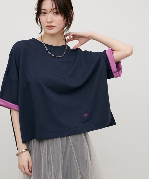 LARUTA(ラルータ)の「【LARUTA】リバークロス配色Tシャツ(Tシャツ/カットソー・レディース・ネイビー/ブラック/ブラウン・MEDIUM)」の1枚目の写真