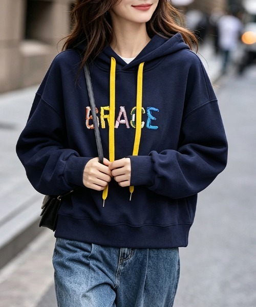 ONEP STAR(ワンピスター)の「カラフルロゴ刺繍配色パーカー(パーカー・レディース・ネイビー/グレー・LARGE/MEDIUM/X-LARGE)」の11枚目の写真