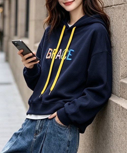 ONEP STAR(ワンピスター)の「カラフルロゴ刺繍配色パーカー(パーカー・レディース・ネイビー/グレー・LARGE/MEDIUM/X-LARGE)」の12枚目の写真