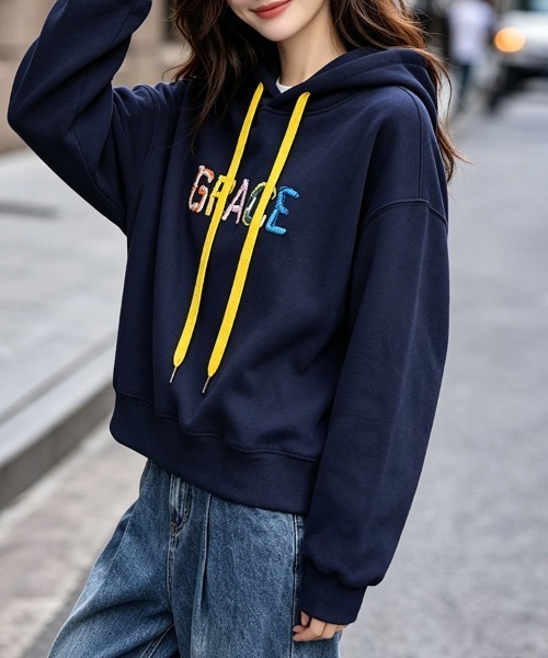 ONEP STAR(ワンピスター)の「カラフルロゴ刺繍配色パーカー(パーカー・レディース・ネイビー/グレー・LARGE/MEDIUM/X-LARGE)」の14枚目の写真