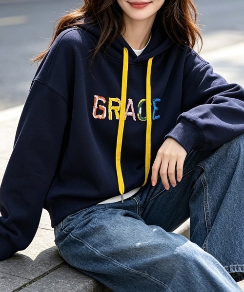 ONEP STAR(ワンピスター)の「カラフルロゴ刺繍配色パーカー(パーカー・レディース・ネイビー/グレー・LARGE/MEDIUM/X-LARGE)」の16枚目の写真