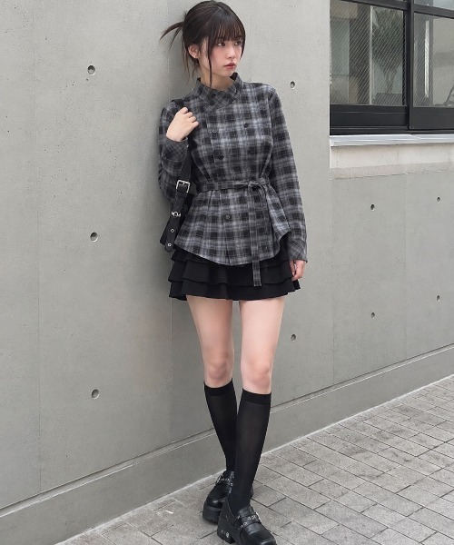 SPINNS（スピンズ）の「長袖ノーカラーチェックシャツ/Wボタン/ストリート女子（シャツ/ブラウス・レディース・ネイビー/ブラウン/ボルドー・ONESIZE）」の19枚目の写真