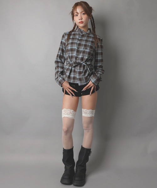 SPINNS（スピンズ）の「長袖ノーカラーチェックシャツ/Wボタン/ストリート女子（シャツ/ブラウス・レディース・ネイビー/ブラウン/ボルドー・ONESIZE）」の13枚目の写真
