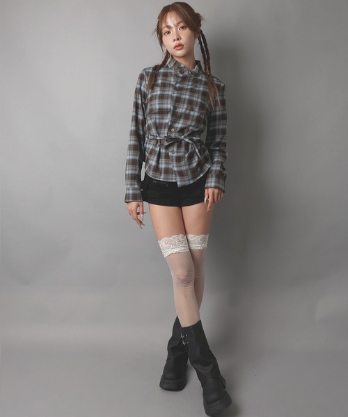SPINNS（スピンズ）の「長袖ノーカラーチェックシャツ/Wボタン/ストリート女子（シャツ/ブラウス・レディース・ネイビー/ブラウン/ボルドー・ONESIZE）」の14枚目の写真