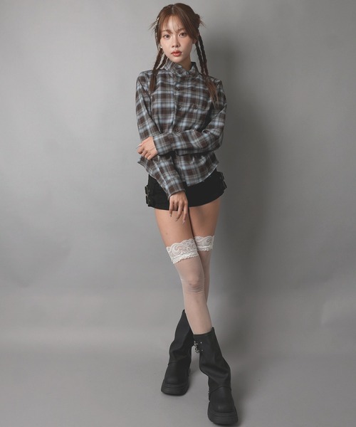 SPINNS（スピンズ）の「長袖ノーカラーチェックシャツ/Wボタン/ストリート女子（シャツ/ブラウス・レディース・ネイビー/ブラウン/ボルドー・ONESIZE）」の15枚目の写真
